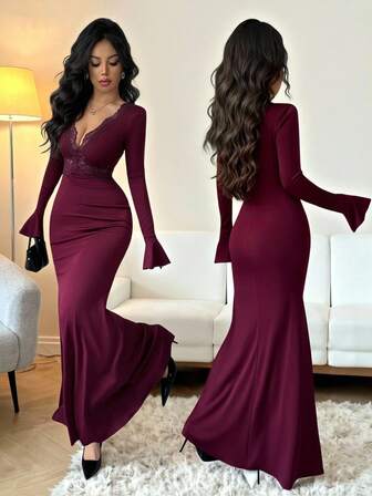 Rafferiza Elegant Wine Red Lace V-Neck Flare Sleeve Fitted Floor-Length Dress, Suitable For Daily Wear, Weddings, Galas, Commute, Graduation Parties, Holidays, Vacations, Dates, Parties, Halloween, Christmas, New Year, Thanksgiving