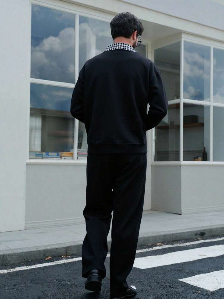 Men's Black Patchwork Collar & Cuff Letter Embroidery Pullover Pullover Sweatshirt Set, Autumn