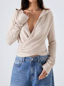 LYSMO 2025 Women's Minimalism Beige Autumn Winter Criss-Cross V-Neck Long Sleeve Ruched T-Shirt Wrap Twist Front Top,Casual Everyday New Year Clothes - Camel - View 4