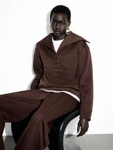 Lumivelle 女士纯色时尚休闲通勤长袖卫衣，秋冬季 - 棕色 - 查看 1