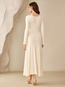 Modelyn Women's Ribbed Brushed Knit V-Neck Long Sleeve Elegant Lace Trim Waist Slimming Maxi Dress, High-Quality Graceful Style For Dates, Autumn/Winter - Apricot - View 3