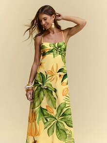 CAJUNI Women's Tropical Plant Print Ruffle Fashionable Spaghetti Strap Dress, Suitable For Vacation - Yellow - View 4