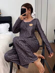 Dream Adore Leoparden-Muster süßer Bär Dekor Rundhals Langarm Pyjama Set - Verschiedenfarbig - Übersicht 5