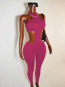 Mistrie Solid Color Halter Sleeveless Hollow Out Fashionable Fitted Jumpsuit - Hot Pink - View 4