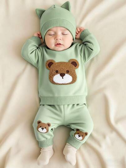 SHEIN Niedlicher Bären-Outfit für Neugeborene, Bären-bestickter Sweatshirt mit weichem, hautfreundlichem Stoff, kombiniert mit Katzen-Ohren Mütze, insgesamt frisch und sanft