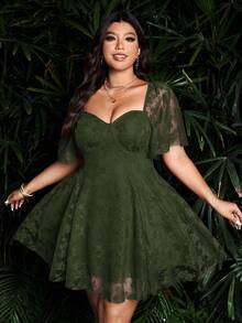 Sunspun فساتين كاجوال بألوان سادة وتفاصيل من الدانتيل للمرأة بمقاسات كبيرة - أخضر داكن - مشاهدة 5