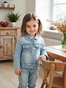 Vintaside Kids 女婴牛仔外套，浅蓝色水洗休闲宽松版型，饰有爱心刺绣，采用柔软的棉质牛仔面料，时尚百搭，适合秋冬季穿着，日常、拍照、外出、聚会皆宜。秋季新品上市 - 淺色水洗藍 - 查看 8