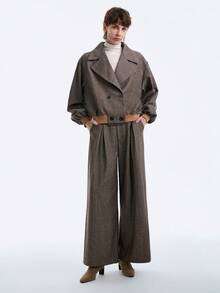 SHEIN Stylify 两件套女士人字纹厚面料超大翻领双排扣腰部弹力罗纹宽松阔腿长裤套装，法式复古办公室通勤商务休闲街头风简约复古套装，适合万圣节、圣诞节、感恩节、下午茶聚会、秋冬季等场合。 - 卡其色 - 查看 8