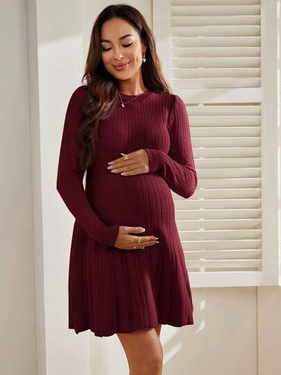 SHEIN Maternity Solid Color Round Neck Drop Shoulder Long Sleeve Ribbed Comfortable Breathable Sweater Dress