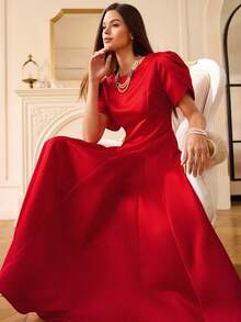 EMERY ROSE European & American Elegant High-End Satin-Feel Tulip Sleeve Round Neck Asymmetric Hem Design Women Long Dress - Red - View 7