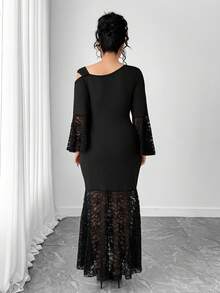 Elenzga Plus Size Women Asymmetric Collar Contrast Lace Flare Sleeve Fishtail Hem Elegant Dress - Black - View 2