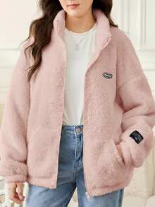 SHEIN 少女款纯色双面抓绒拼接领休闲外套