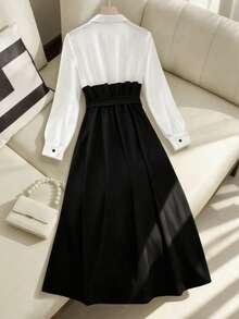 Franclia 新款秋冬撞色长袖修身中长连衣裙 - 黑與白 - 查看 2