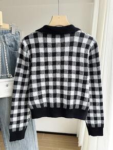 SHEIN Genkimix Kids Maglione lavorato a maglia a maniche lunghe con scollo a V rosa per ragazze adolescenti, con motivo ricamato elegante, comodo e versatile - nero - Visualizzare 2