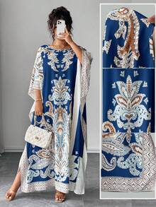 Rometta Đầm suông cổ tròn tay cánh dơi in họa tiết cỡ lớn, dáng rộng, thích hợp cho kỳ nghỉ và tiệc tùng - Xanh đậm - Xem 1