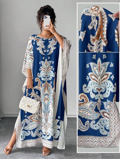 DreamSkyne Vestido casual de corte holgado con estampado, cuello redondo y mangas tipo murciélago, adecuado para vacaciones y fiestas, talla grande