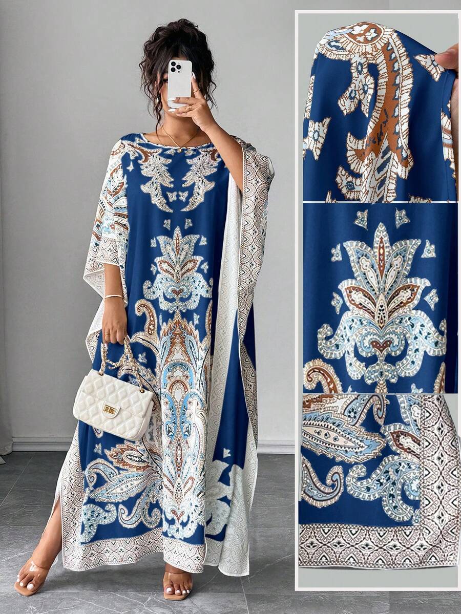 Rometta Đầm suông cổ tròn tay cánh dơi in họa tiết cỡ lớn, dáng rộng, thích hợp cho kỳ nghỉ và tiệc tùng - Xanh đậm - Xem 1