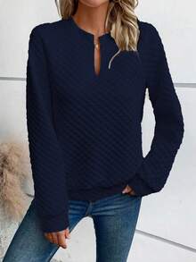 SHEIN LUNE Sudadera casual holgada de mujer de unicolor con cuello en V y manga larga - Azul Marino - Ver 6