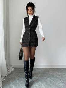 Elenzga Áo khoác nữ cổ bẻ, hở trước, ve kẻ caro, không tay, mùa thu/đông - màu đen - Xem 3