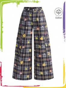 Teletubbies X ROMWE 女士休闲时尚街头工装口袋印花格子宽松阔腿裤 - 彩色 - 查看 1