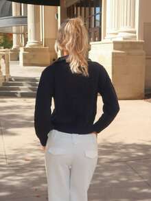 Sydney Algeri New Arrival Autumn Half-Zip Loose Casual Women Sweater - Navy Blue - View 2