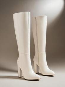 SHUZIA Botas altas hasta la rodilla con tacón de bloque y cremallera lateral para mujer - Blanco - Ver 6