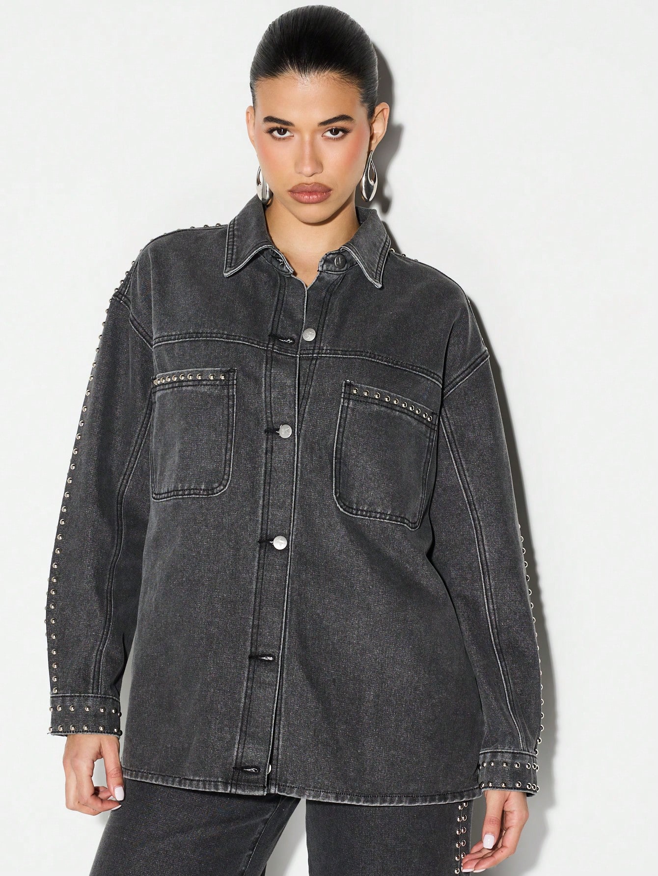 KIZN Studded Denim Shirt With Metal Eyelets