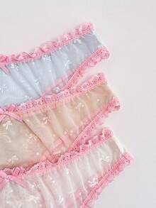 3-Pack Cute Jacquard Mesh Lace Trim Thong Panties - Multicolor - View 3