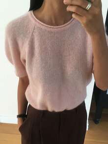 DAZY Loose Fit Short Puff Sleeve Lightweight Soft Knit Sweater For Women - Pink - View 5