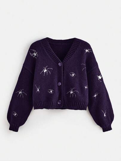Cardigan gothique pour femmes avec broderie d'araignée, épaules tombantes et manches longues, pour l'automne/l'hiver