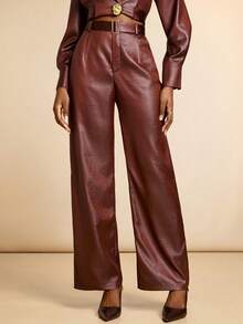 Lyxana Pantalones de mujer con textura asimétrica de cinturón de piel sintética y decoración de anillo en D - Óxido marrón - Ver 4
