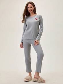 Loomlin 100%Cotton Letter & Butterfly Embroidery Ribbed Knit Lounge Set - Grey - View 5