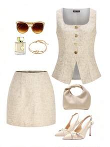 SHEIN Clasi Women's Tweed Metal Single-Breasted Vest And Bodycon Mini Skirt Elegant Set,Teacher Outfit Women - Apricot - View 8
