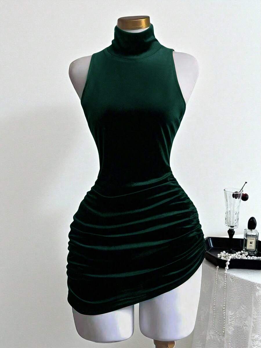 Franclia Women's Velvet Turtleneck Ruched Waist Bodycon Mini Dress - Dark Green - View 1