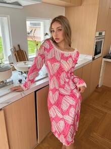 SHEIN Vestido de camisón casual de manga larga con cuello redondo y estampado de corazón sin espalda, para invierno - Multicolor - Ver 6