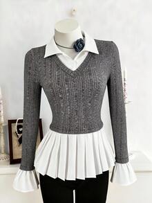 SHEIN ChillGRL 少女休闲日常通勤撞色灯芯绒长袖衬衫，适合秋冬季穿着 - 深灰色 - 查看 1