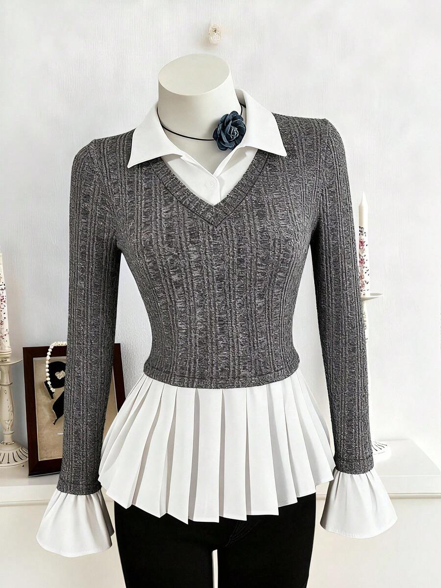 SHEIN ChillGRL 少女休闲日常通勤撞色灯芯绒长袖衬衫，适合秋冬季穿着 - 深灰色 - 查看 1