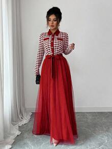 Elenzga Váy chữ A dài tay vải lưới tương phản lãng mạn thanh lịch có cổ áo sơ mi - Đỏ - Xem 4