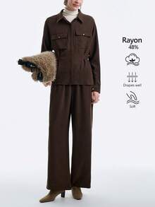 SHEIN Stylify Women's Dark Brown Autumn Effortless Chic Office Set,Solid Long Sleeve Shirt Collar Button Pocket Waist Belt Top&Elastic Loose Straight Leg Pants - Chocolate Brown - View 2