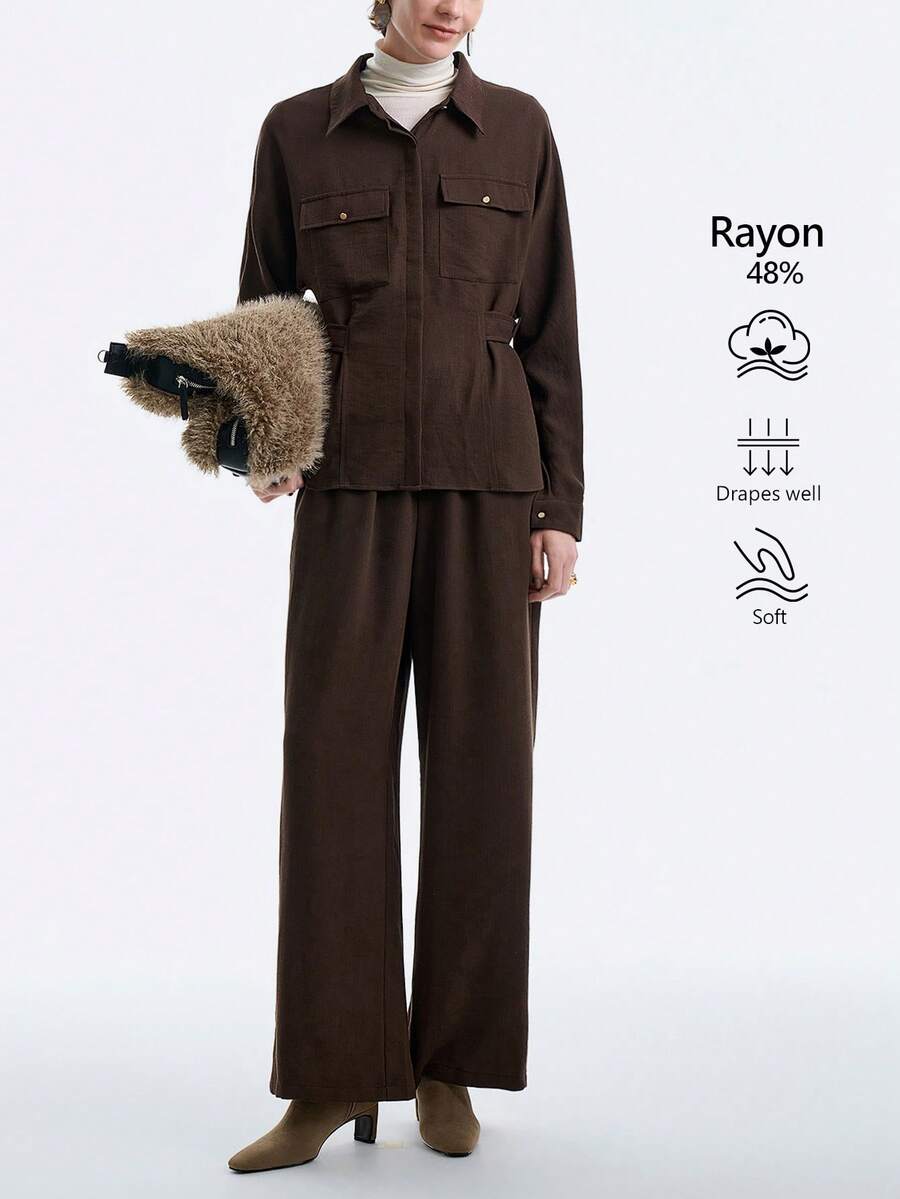 SHEIN Stylify Women's Dark Brown Autumn Effortless Chic Office Set,Solid Long Sleeve Shirt Collar Button Pocket Waist Belt Top&Elastic Loose Straight Leg Pants