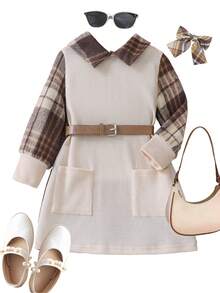 SHEIN Elladie kids 女童休闲格子拼接连衣裙，配腰带，适合日常通勤和上学，秋/春季穿着 - 米色 - 查看 3