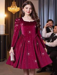 Sparklyn Robe de vin exquise pour fille de fée et enfants, décolleté carré avec perles, design de manches bouffantes, dynamique et rétro, étincelante et exquise, forme évasée qui serre la taille dégageant un tempérament super !