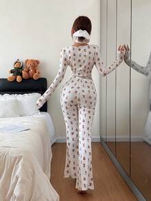 SHEIN 女士修身小熊印花圆领长袖睡衣套装 - 白色 - 查看 2