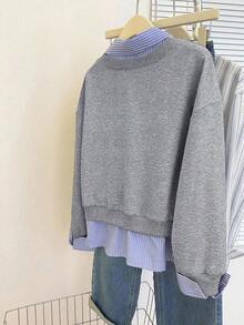 SHEIN Sudadera casual de talla grande con parches y rayas, de hombros caídos, para otoño - Gris - Ver 2