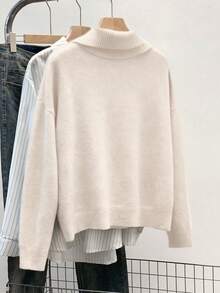 Franclia 时尚翻领纯色半拉链落肩长袖休闲针织套头毛衣 - 杏色 - 查看 2