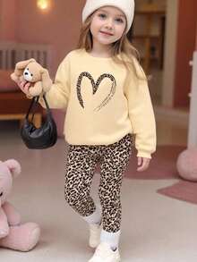 Girls Leopard Bow Print Fleece Crew Neck Sweatshirt + Leggings Set, Fashionable & Versatile For Autumn And Winter - Multicolor - View 1