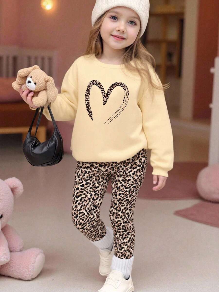 Girls Leopard Bow Print Fleece Crew Neck Sweatshirt + Leggings Set, Fashionable & Versatile For Autumn And Winter - Multicolor - View 1
