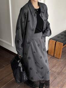 DAZY Women's Butterfly & Flower Embroidered Collar Loose Long Sleeve Shirt And Lace Patchwork Long Skirt Casual 2-Piece Set - Grey - View 4