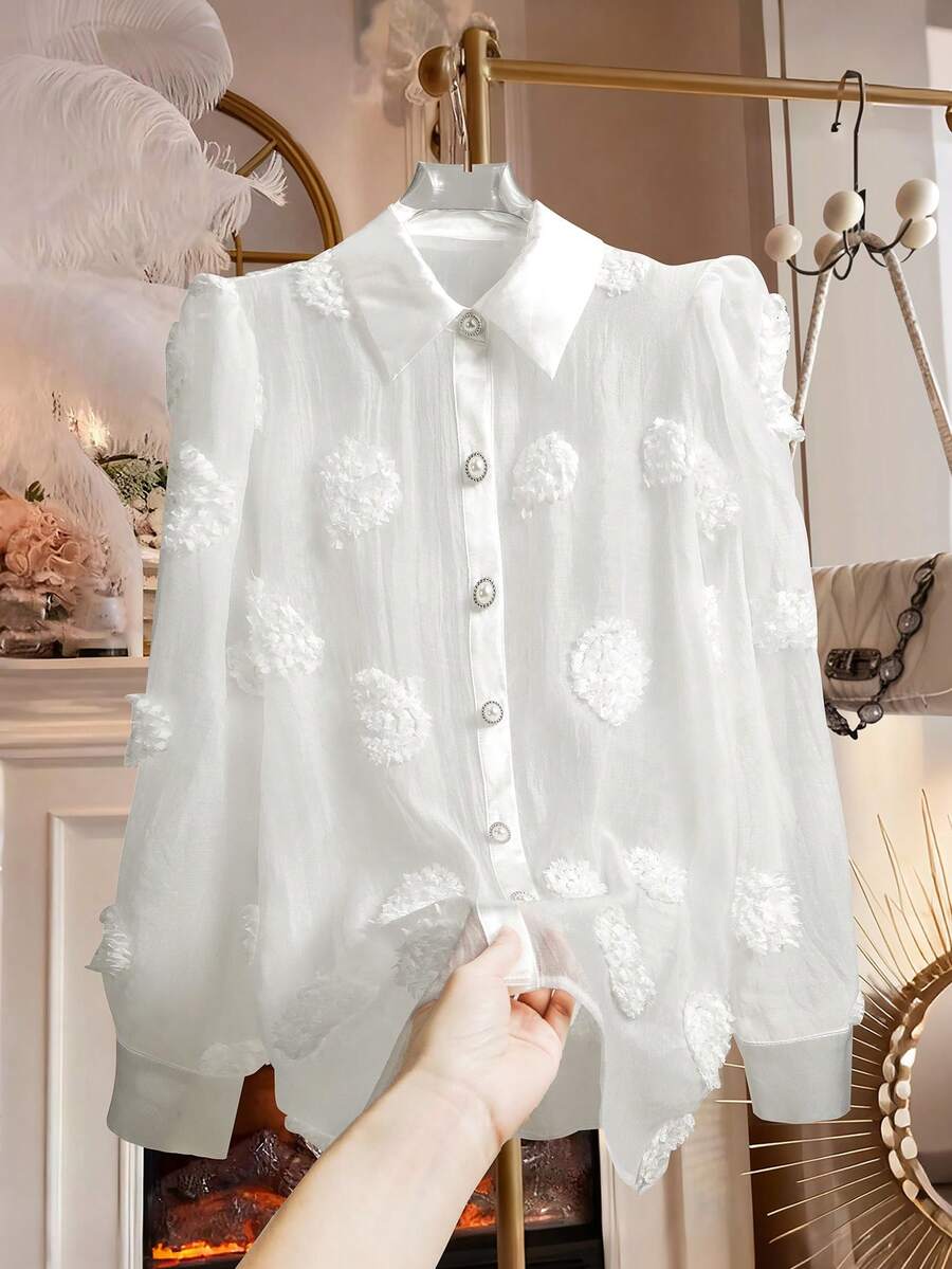 Modelyn Women's 3D Floral Long Sleeve Romantic Elegant Versatile Fashionable Plus Size Blouse - White - View 1