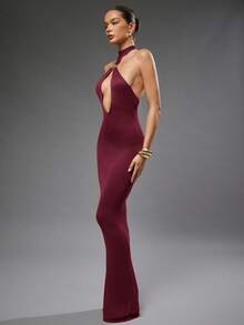 Hauture Sexy Summer Party Knitted Slinky Gemstone Embellishment Cut Out Halter Maxi Dress - Burgundy - View 5